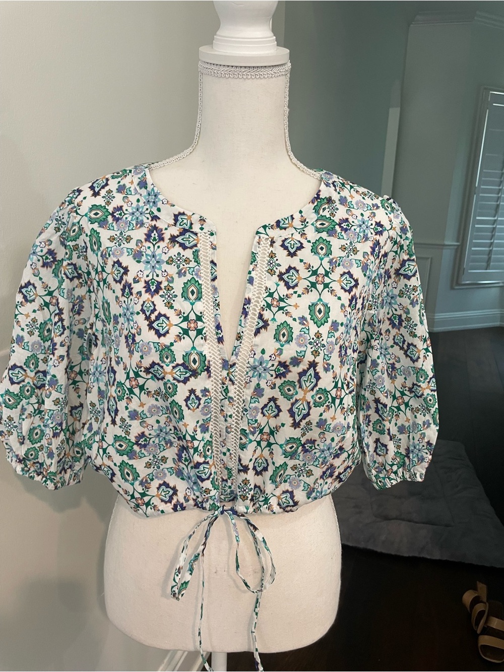 Floral Tie-Front Blouse in White with Green & Blue Print